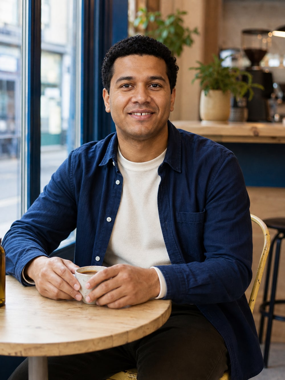 Charmshots character in an indigo overshirt at a neighbourhood café