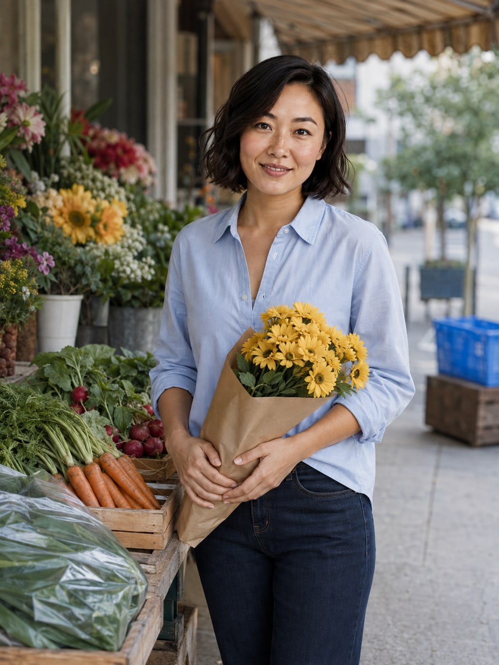 Charmshots character holding yellow flowers at a neighbourhood stall